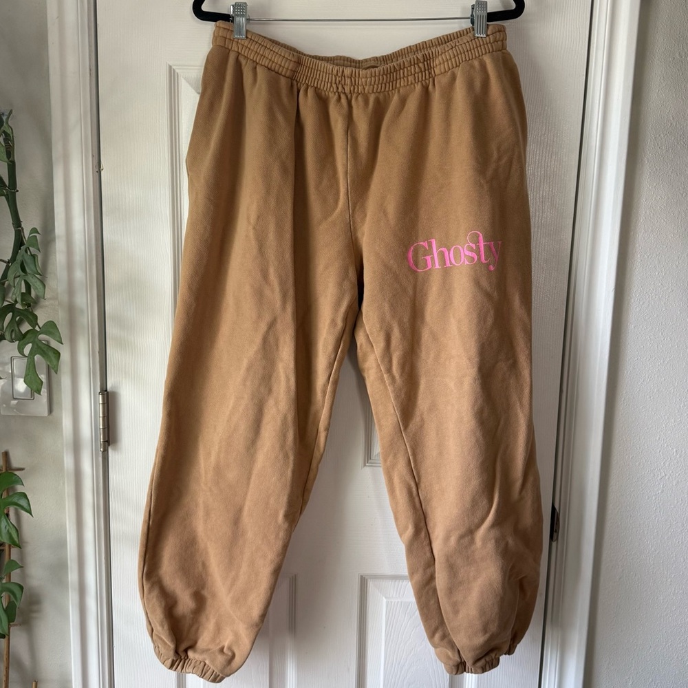 LONELY GHOST unisex Brown Joggers with Pink Logo